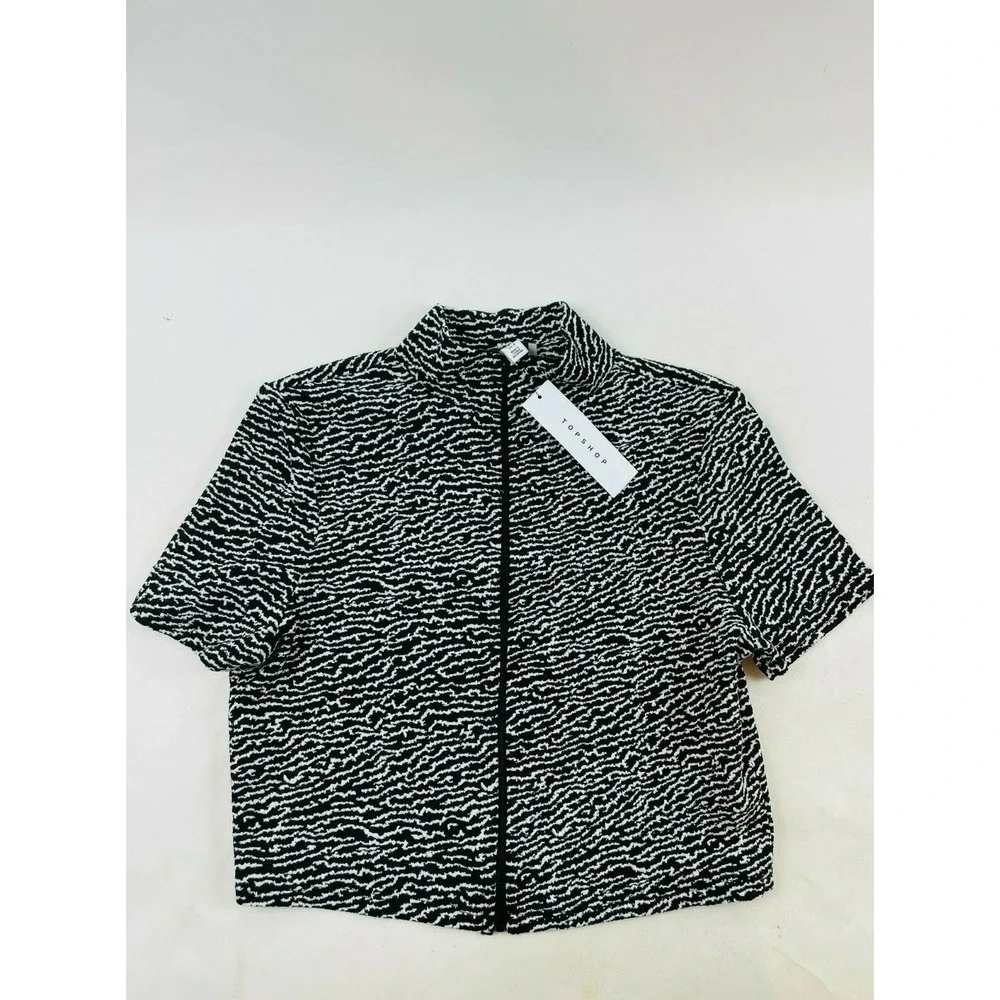 Topshop Crop Shirt Women's Size 10 Black White Zebra Print Full Zip Short Sleeve - Picture 1 of 8